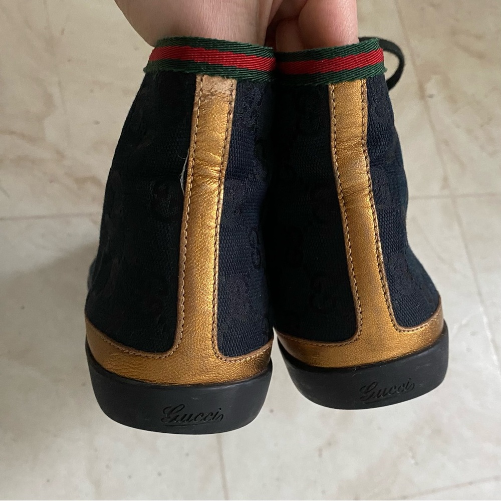$985 Gucci Made in Italy GG Monogram Black Leather Canvas High Top Sneakers 5.5 - Picture 9 of 13